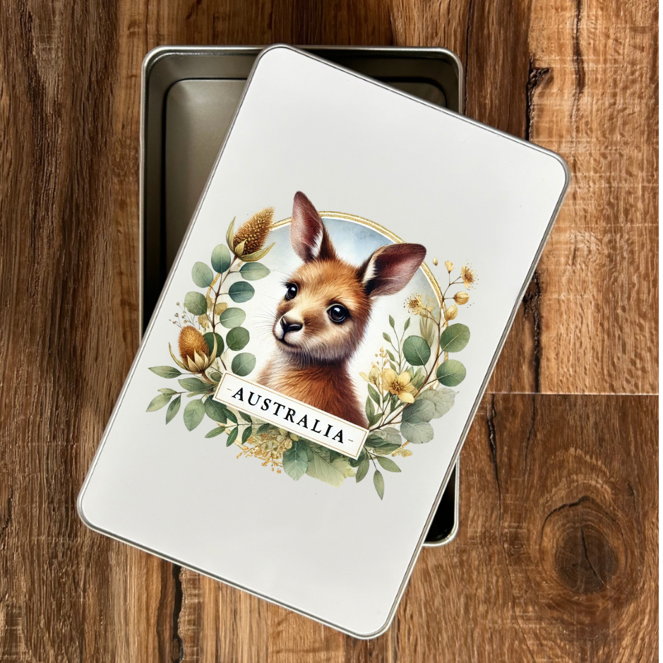 “Australian gift tin with kangaroo artwork filled with honey & eucalyptus lollies – Piccola”