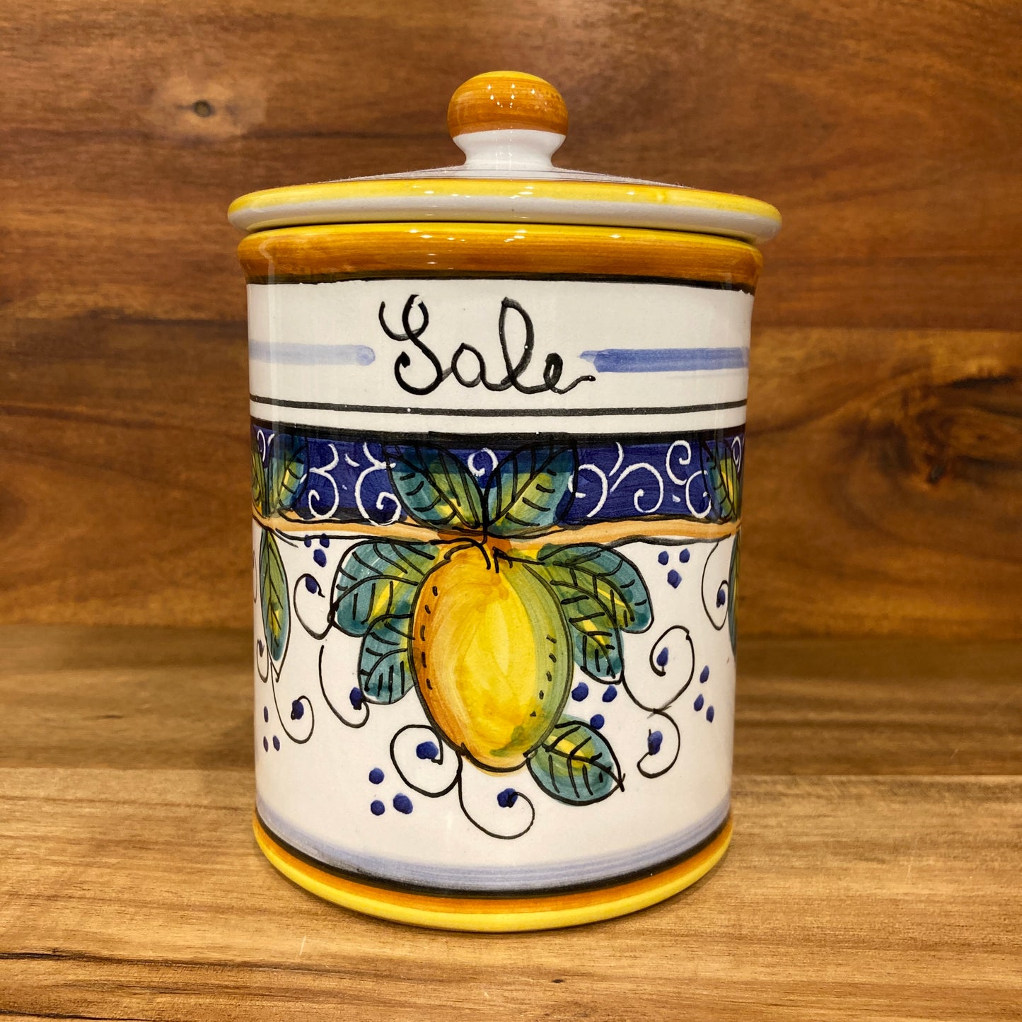Majolica Italian ceramic salt container with Amalfi lemon design