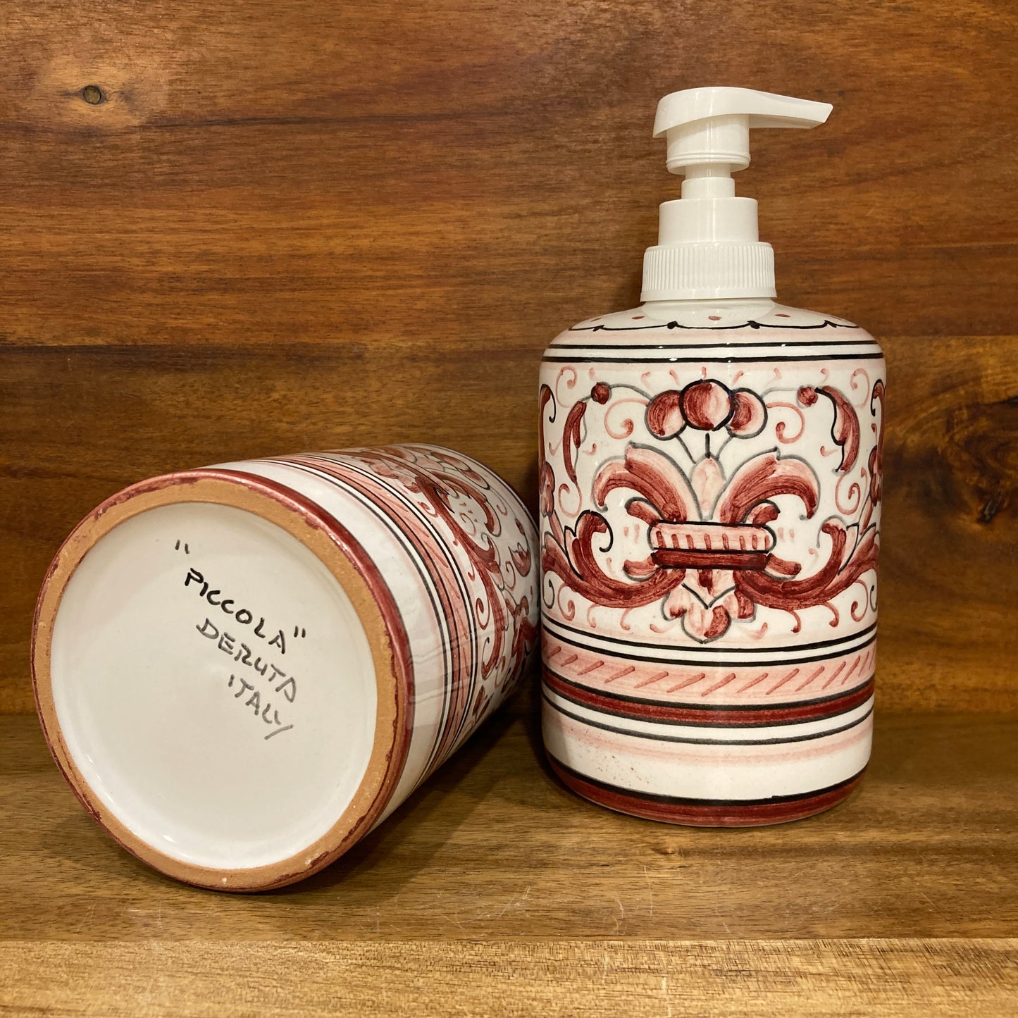 Red Ricco Deruta Majolica Italian Ceramic Soap Dispenser Toothbrush Holder Set at Piccola The Italian Gift Co. 2