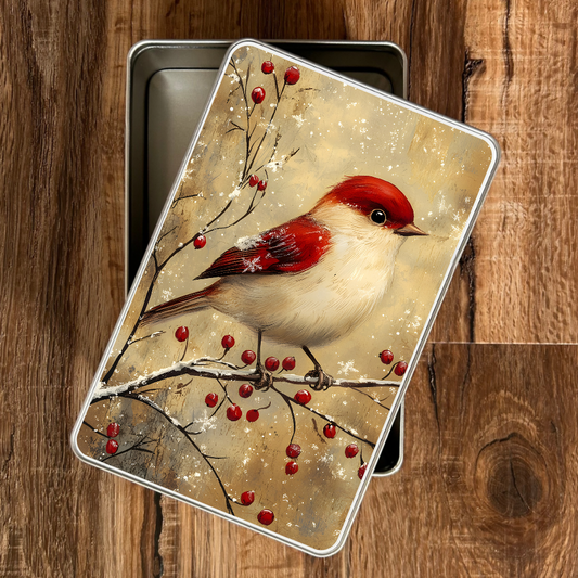 Metallic tin with a bird and berry design on a wooden surface