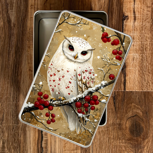 Decorative tin with an owl and red berries design on a wooden surface