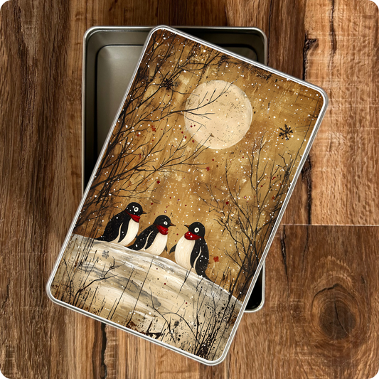 Metal tin with winter scene design featuring birds and a moon on a wooden surface