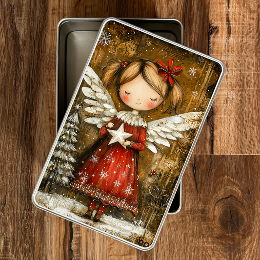 Decorative tin with an angel design on a wooden surface