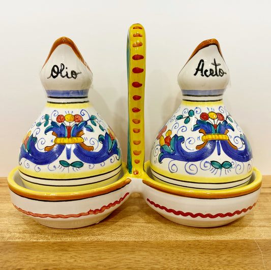 Ricco Deruta Majolica Italian Ceramic Decorative 'Olio' and 'Aceto' Oil and Vinegar Cruet Set Made in Italy