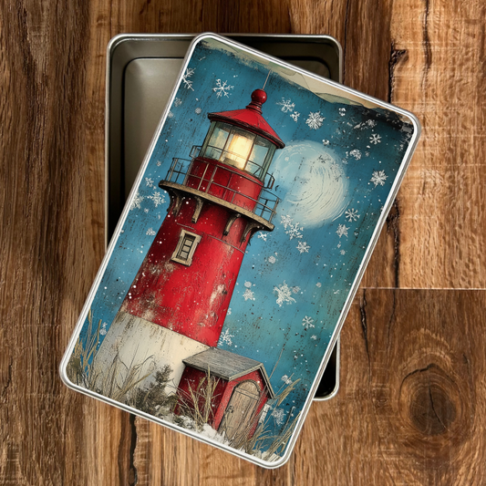 Decorative tin with a red lighthouse design on a wooden surface