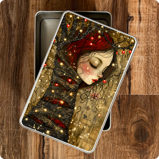 Decorative tin box with a woman's face and red hair on a wooden surface