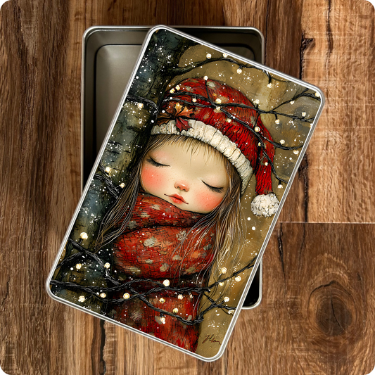 Metal tin with a decorative design of a girl in a red coat and hat on a wooden surface