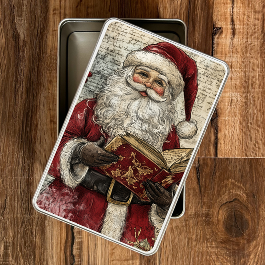 Decorative tin with a vintage-style illustration of Santa Claus on a wooden surface
