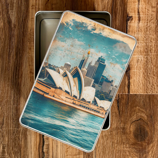 Phone case with Sydney Harbour and Opera House design on a wooden surface