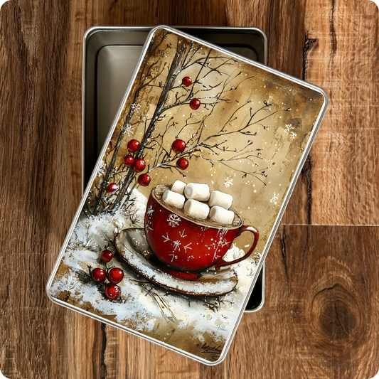 Decorative tin with a red mug of hot chocolate and marshmallows on a wooden surface