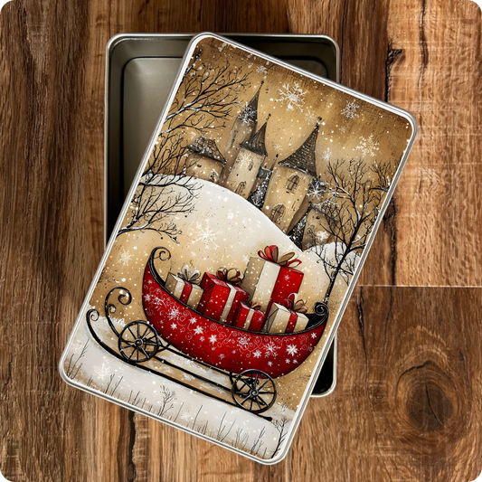 Decorative tin with a Christmas design of a red sleigh with gifts and a village scene on a wooden surface.