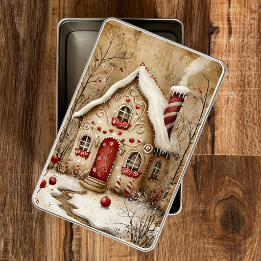 Metallic tin with a gingerbread house illustration on a wooden surface