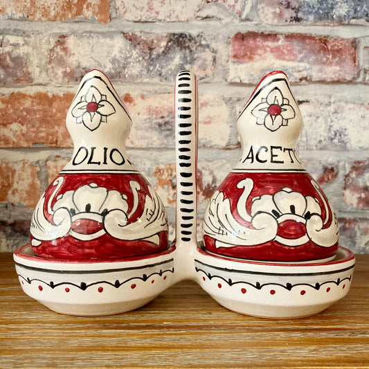 600 Red Background Majolica Piccola Italian Ceramic Oil and Vinegar Set