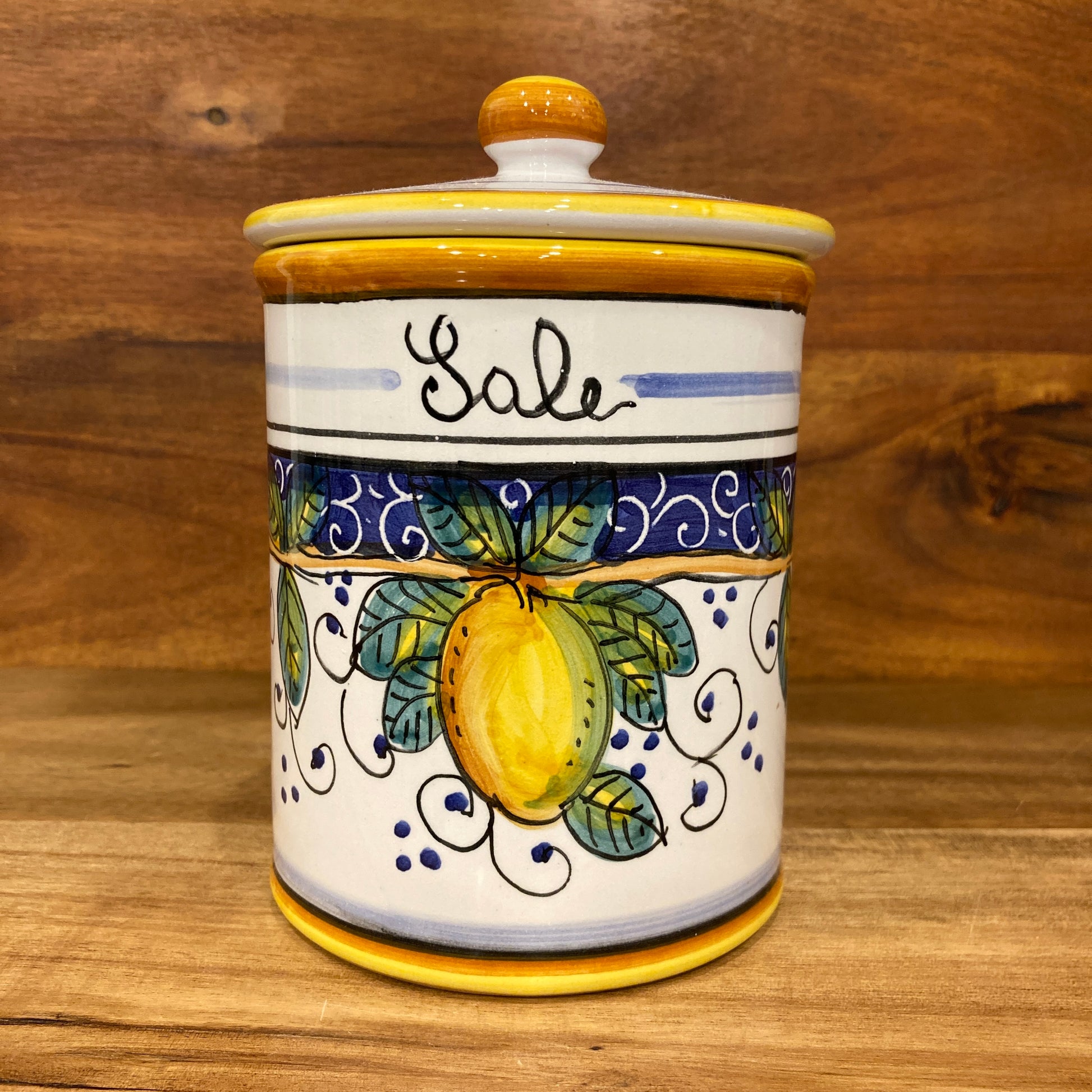 Majolica Italian ceramic salt container with Amalfi lemon design