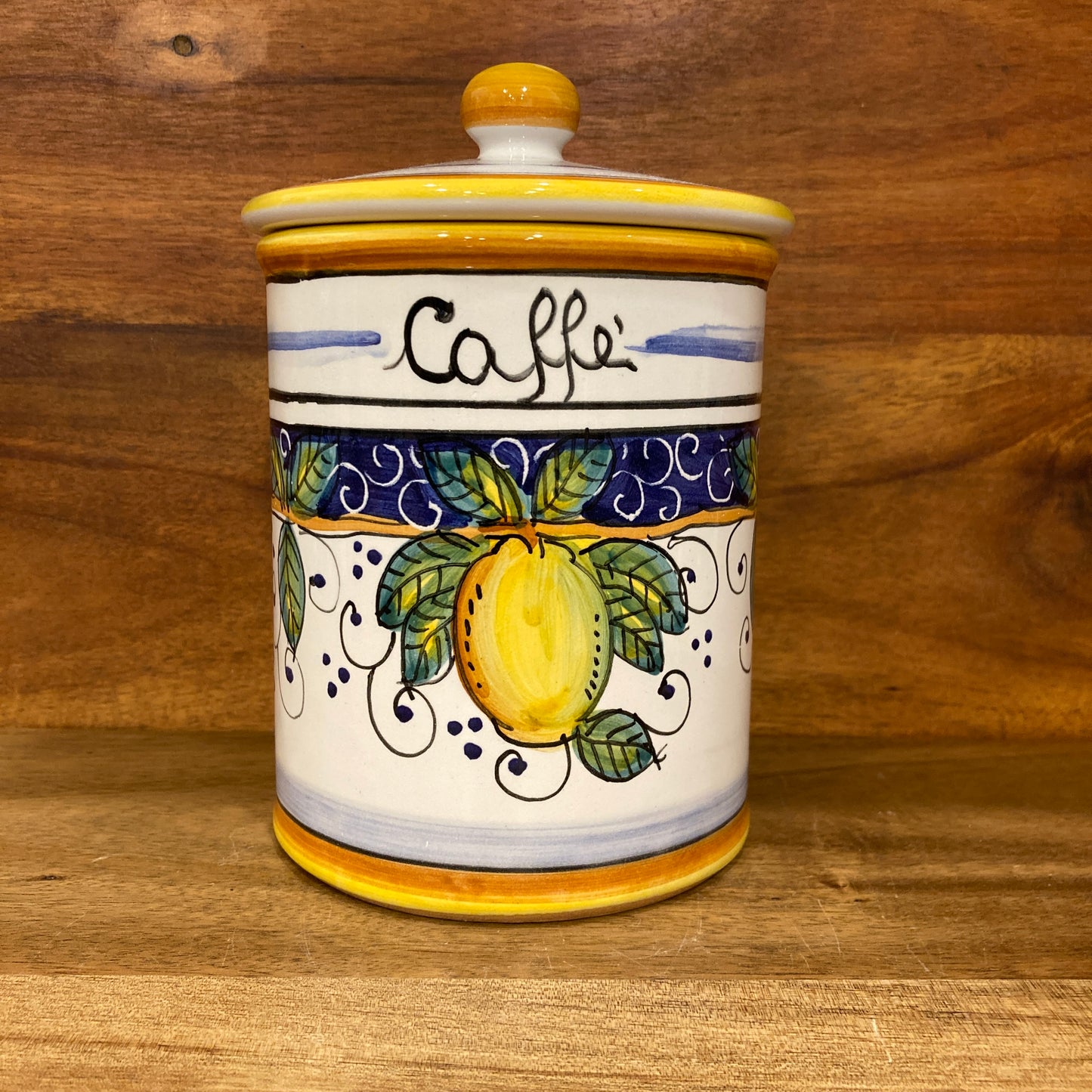 Majolica Italian Ceramic coffee canister with lemon design and 'Caffe' text