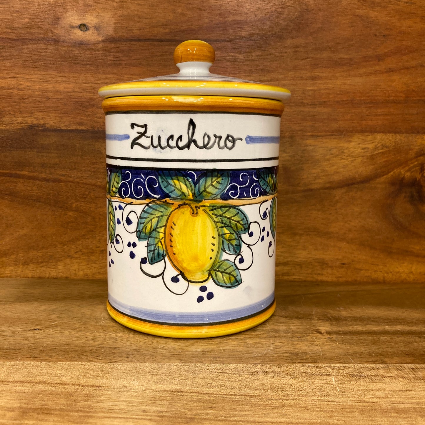 Majolica Italian Ceramic container with Amalfi lemon design and sugar 'Zucchero' text 
