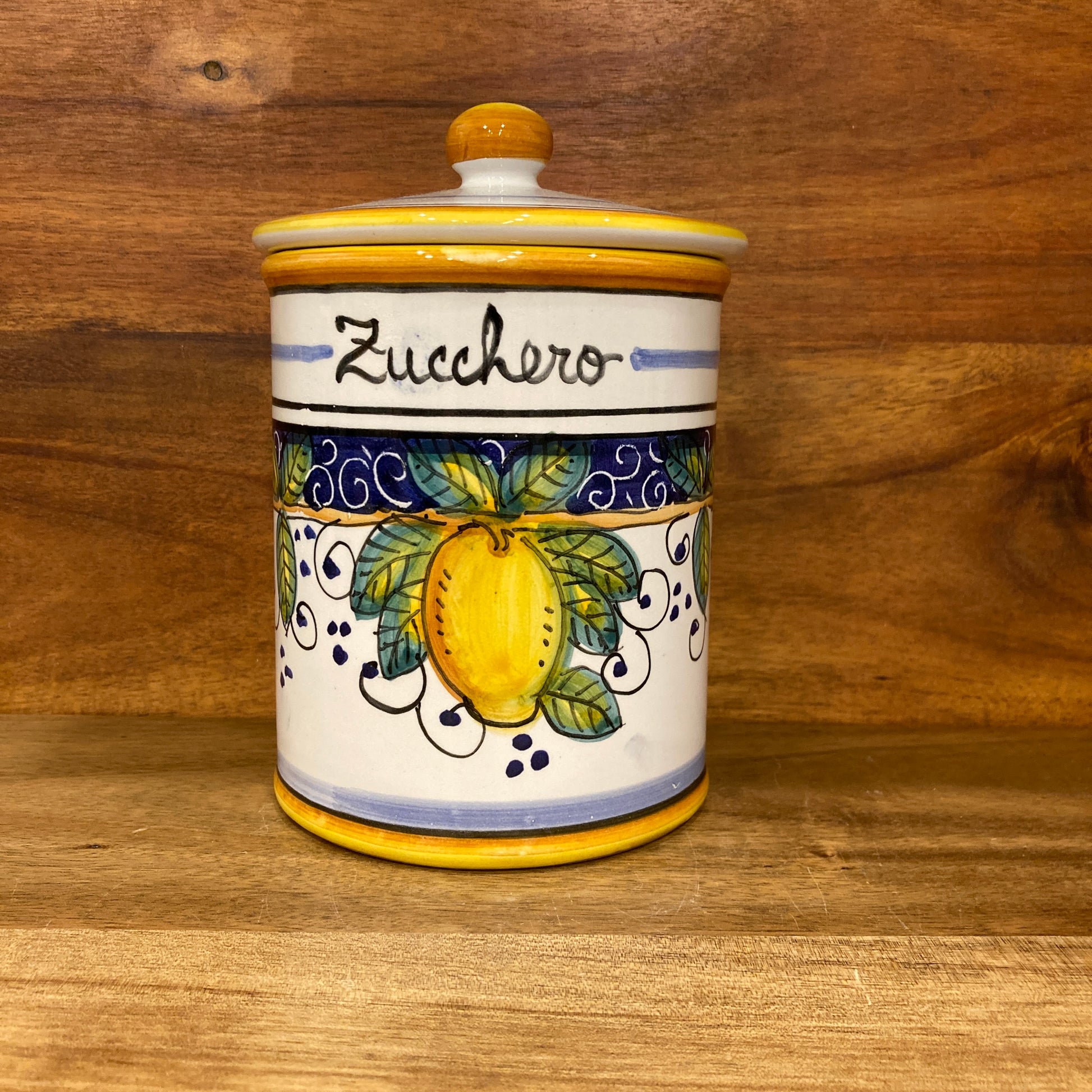 Majolica Italian Ceramic container with Amalfi lemon design and sugar 'Zucchero' text 