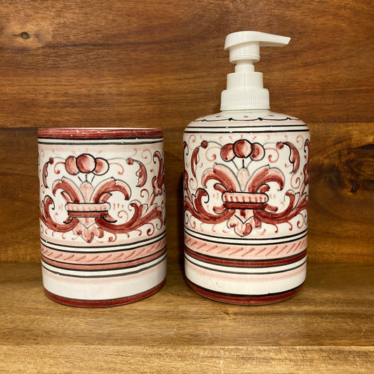 Red Ricco Deruta Majolica Italian Ceramic Soap Dispenser Toothbrush Holder Set at Piccola The Italian Gift Co. 1