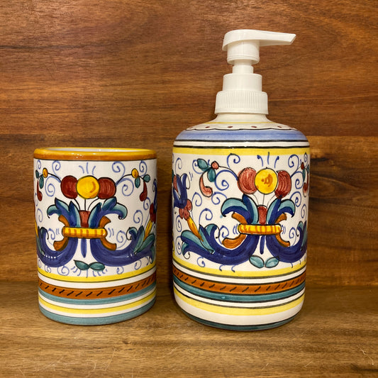 Ricco Deruta Majolica Italian Ceramic Decorative Liquid Soap Dispenser Tooth Brush Holder Set Made in Italy 1