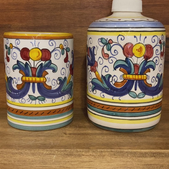 Ricco Deruta Majolica Italian Ceramic Decorative Liquid Soap Dispenser Tooth Brush Holder Set Made in Italy 3